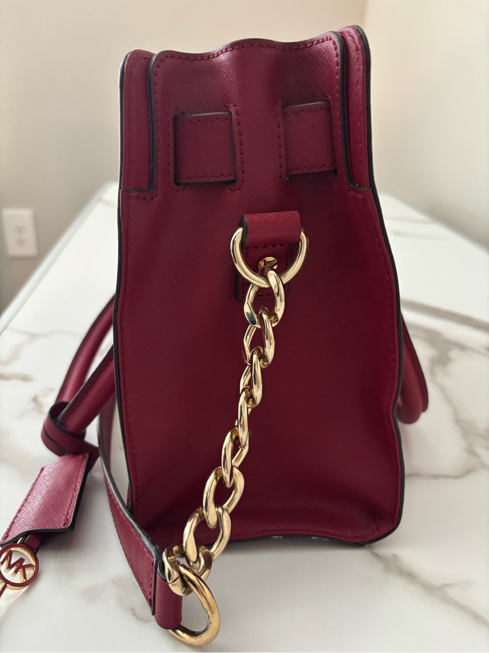 Michael Kors Hamilton Saffiano Leather Satchel Cherry Red with Gold-Tone Lock - Picture 7 of 9